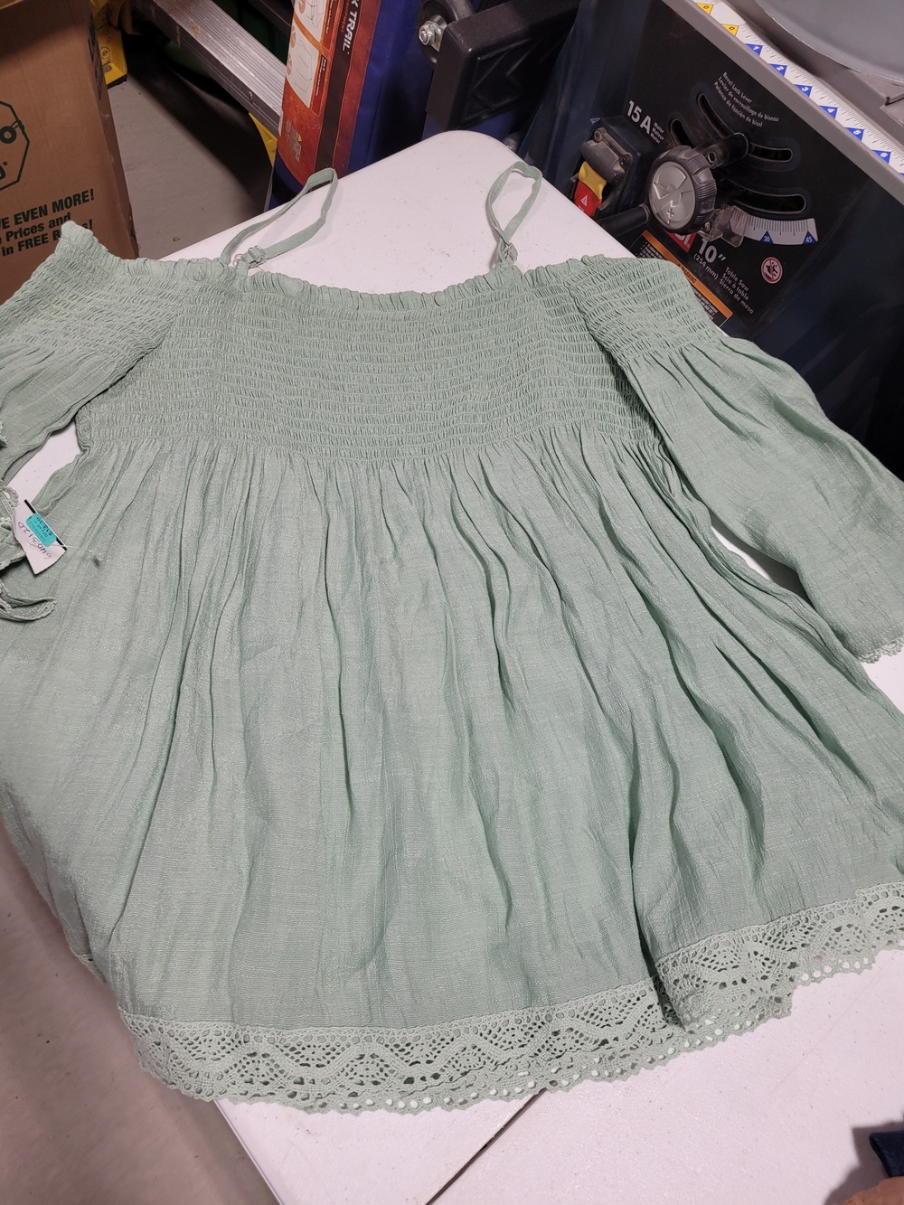 by & by Sage Green Off-Shoulder Smocked Blouse with Lace Hem - Picture 3 of 3